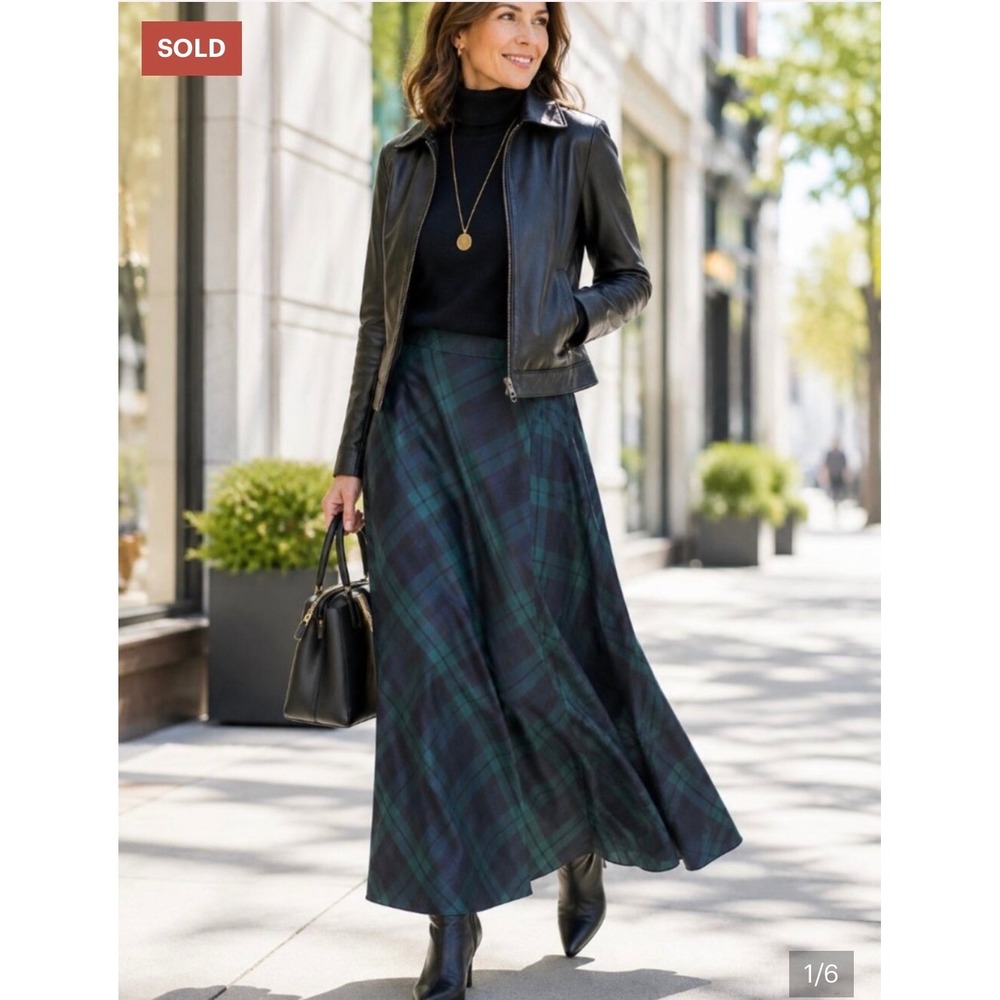 Talbots Taffeta Tartan Plaid Maxi Skirt 100% Silk Christmas Holiday Size 4